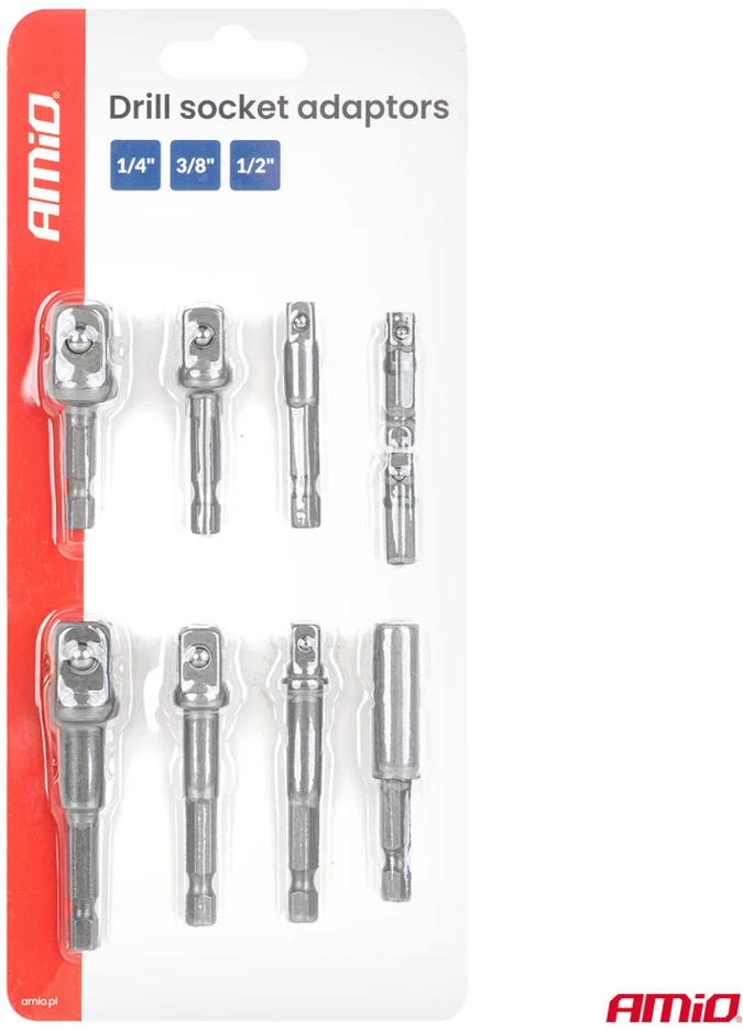 Galvučių adapterių suktuvui rinkinys, 1/4" HEX, 1/4" / 3/8" / 1/2", 9 vnt., AMIO-04931