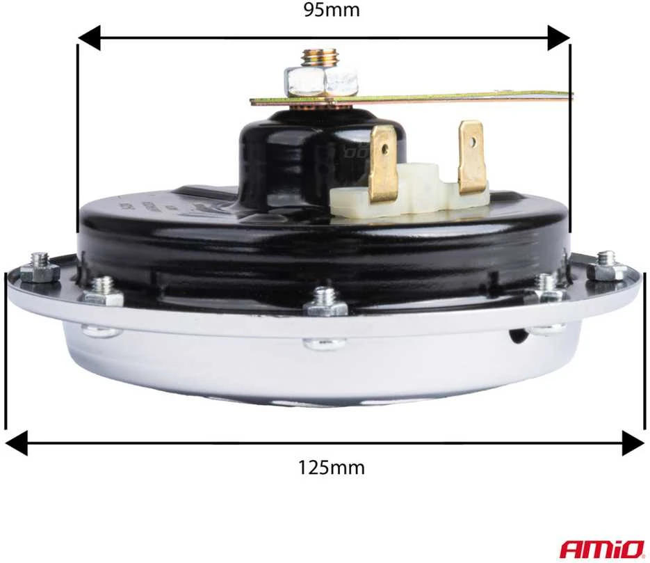 Garso signalas – chromuotas, 125 mm, 110 dB, 12V, AMIO-04074