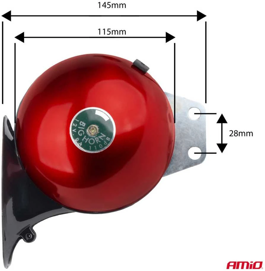 Raudonas 12V garsinis signalas su matmenimis