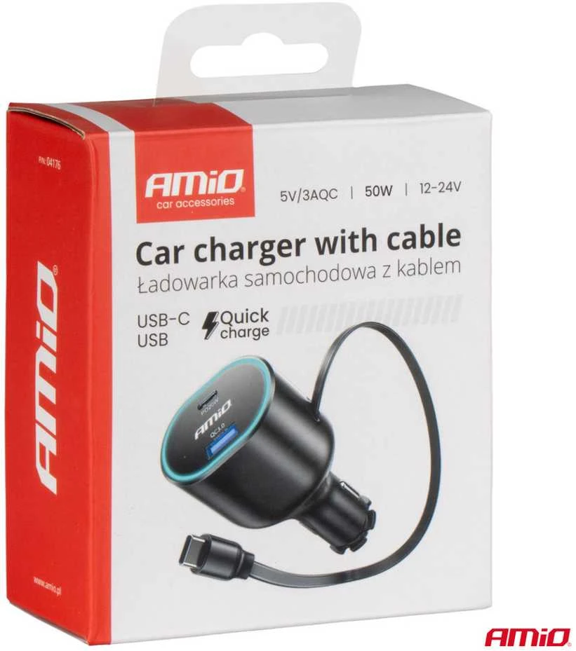 Greitas automobilinis įkroviklis 3.0 su 30W USB-C ištraukiamu kabeliu PD20W AMIO-04176