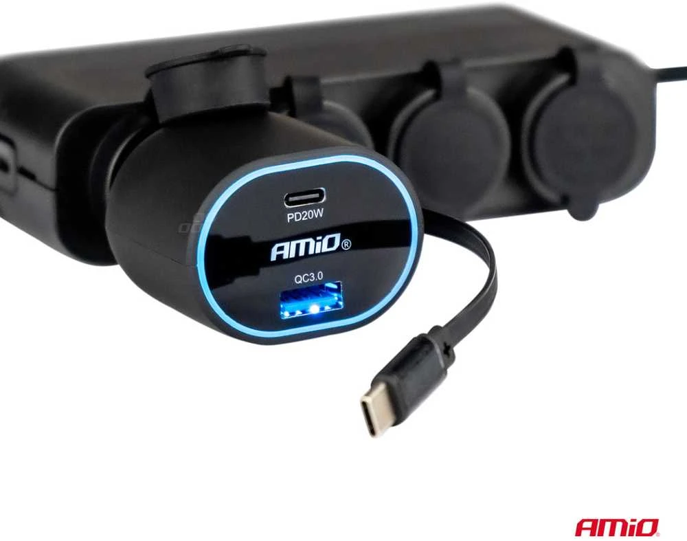 Greitas automobilinis įkroviklis 3.0 su 30W USB-C ištraukiamu kabeliu PD20W AMIO-04176
