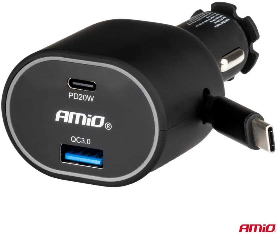 Greitas automobilinis įkroviklis 3.0 su 30W USB-C ištraukiamu kabeliu PD20W AMIO-04176