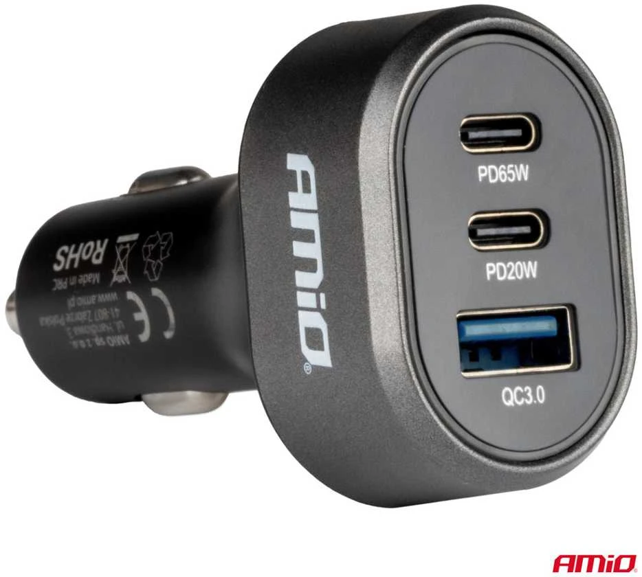 Greitas automobilinis įkroviklis QC 3.0 PD 65W + PD 20W AMIO-04177