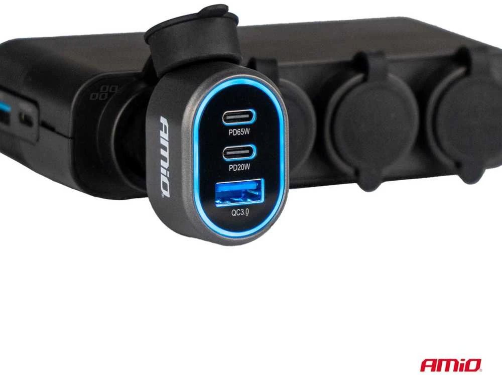 Greitas automobilinis įkroviklis QC 3.0 PD 65W + PD 20W AMIO-04177
