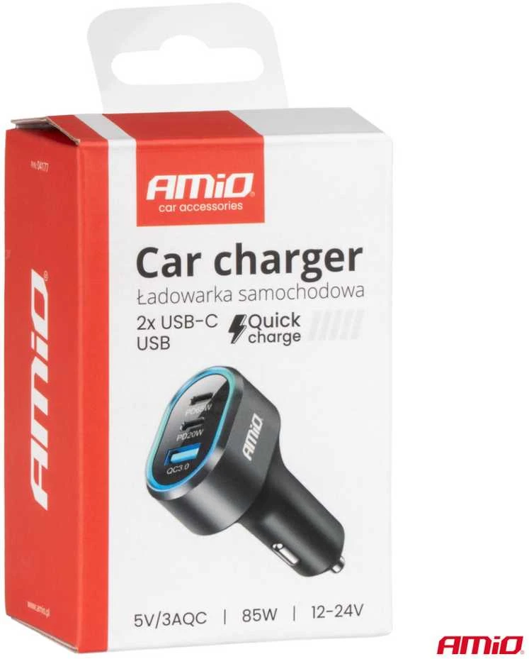 Greitas automobilinis įkroviklis QC 3.0 PD 65W + PD 20W AMIO-04177