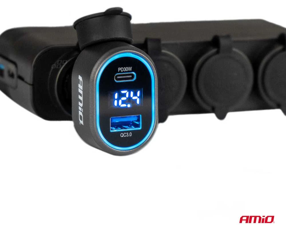 Greito įkrovimo automobilinis įkroviklis su įtampos LED ekranu 3.0 PD 30W AMiO-04178