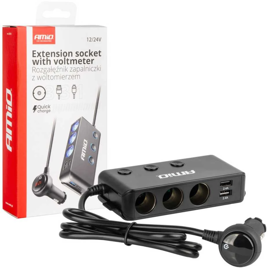 Išplėtimo lizdas su voltmetru, USB ir USB-C 12–24 V, AMIO-03781