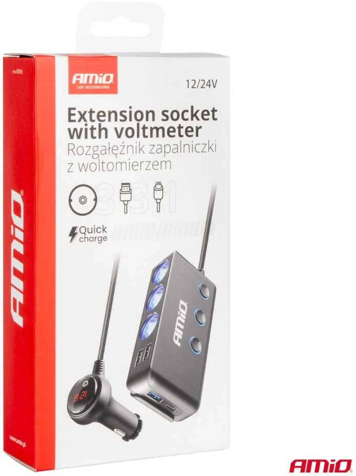 Išplėtimo lizdas su voltmetru, USB ir USB-C 12–24 V, AMIO-03781