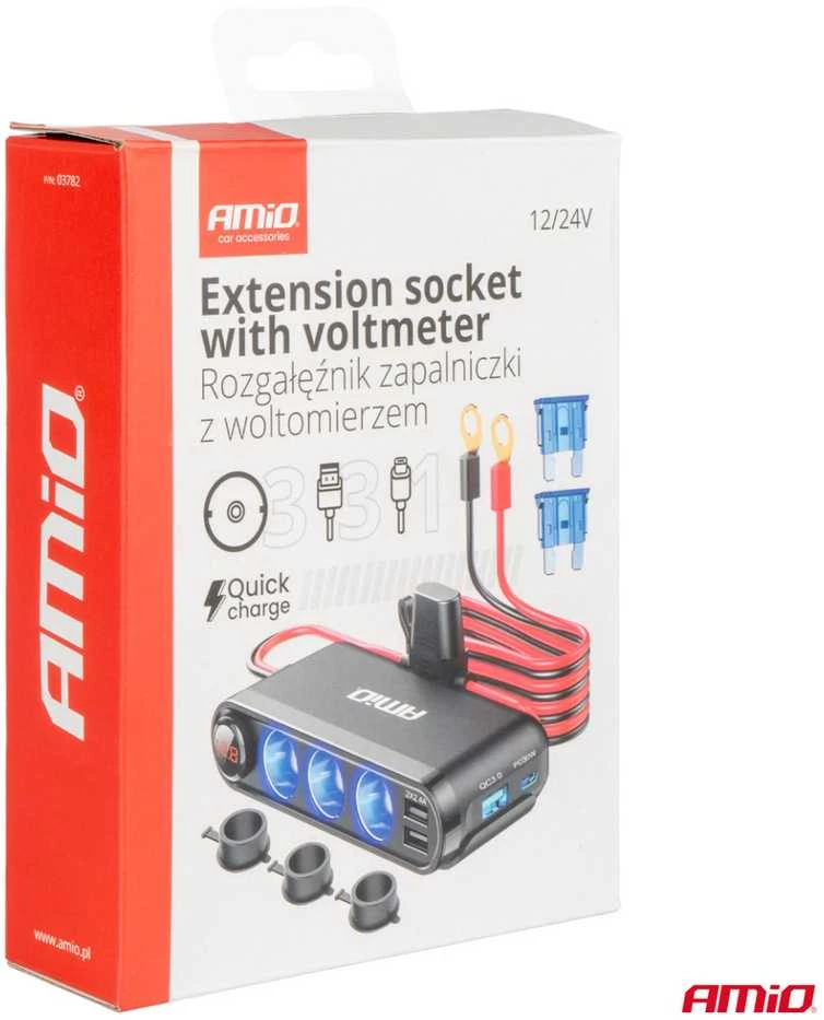 Išplėtimo lizdas su voltmetru, USB ir USB-C 12–24 V, AMIO-03782