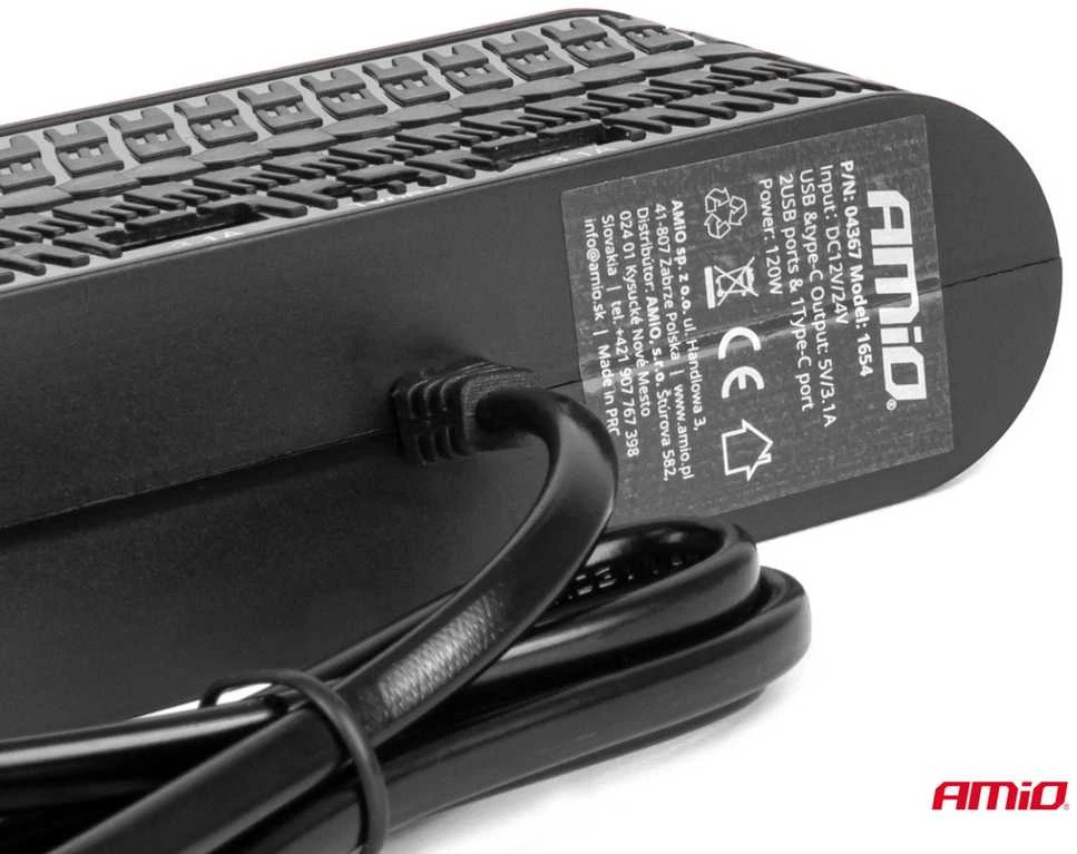 Keturių lizdų prailgintojas su įkrovikliu 2x USB-A + 1x USB-C 12/24V 120W 80 cm AMIO-04367