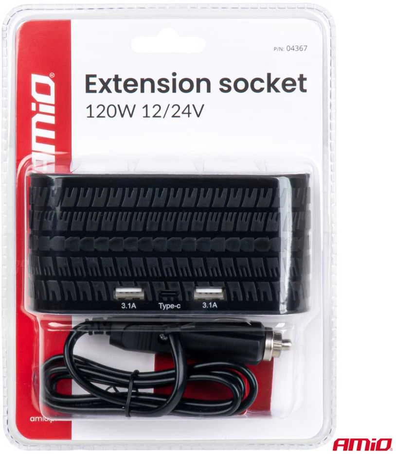 Keturių lizdų prailgintojas su įkrovikliu 2x USB-A + 1x USB-C 12/24V 120W 80 cm AMIO-04367