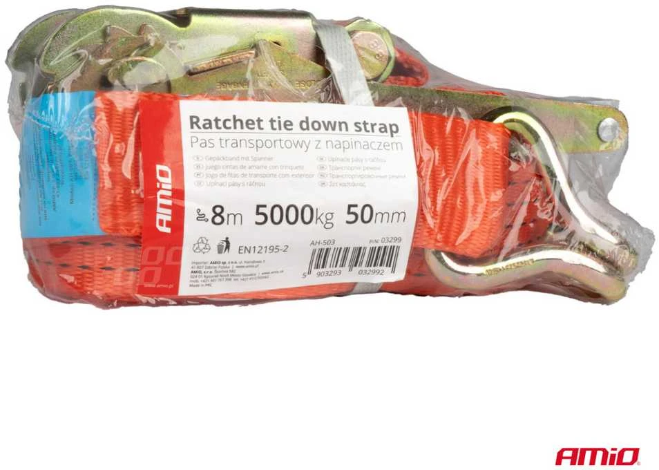 Krovinių tvirtinimo diržas su įtempikliu 5000 kg, 8 m x 50 mm, AMIO-03299