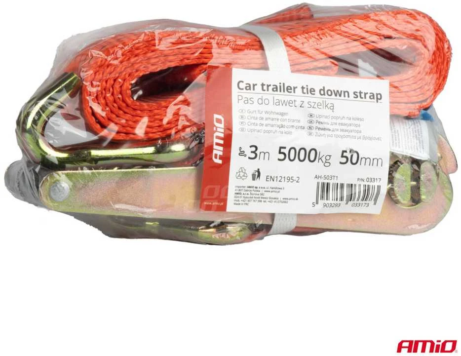 Krovinių tvirtinimo diržas su įtempikliu ir atrama 5000 kg, 3 m x 50 mm, AMIO-03317