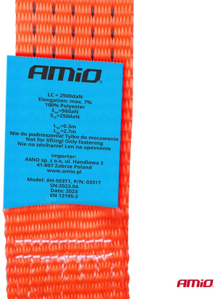 Krovinių tvirtinimo diržas su įtempikliu ir atrama 5000 kg, 3 m x 50 mm, AMIO-03317