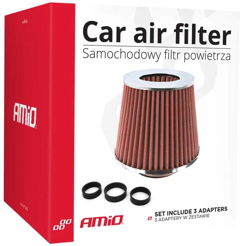 Kūginis oro filtras automobiliui, universalus, raudonas/chromuotas, su 3 adapteriais, AMIO-01282