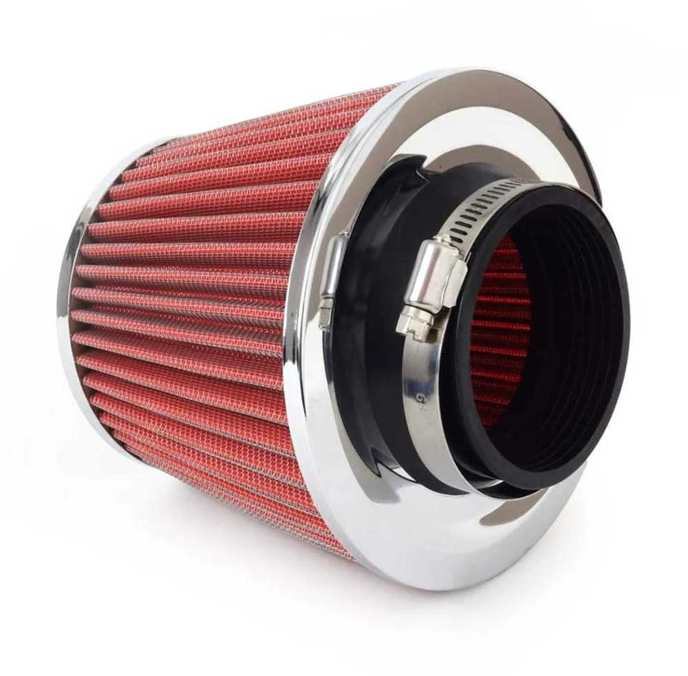 Kūginis oro filtras automobiliui, universalus, raudonas/chromuotas, su 3 adapteriais, AMIO-01282