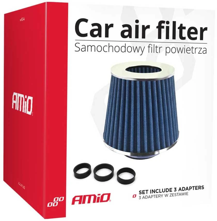 Kūginis oro filtras automobiliui, universalus, mėlynas, su 3 adapteriais, AMIO-02458