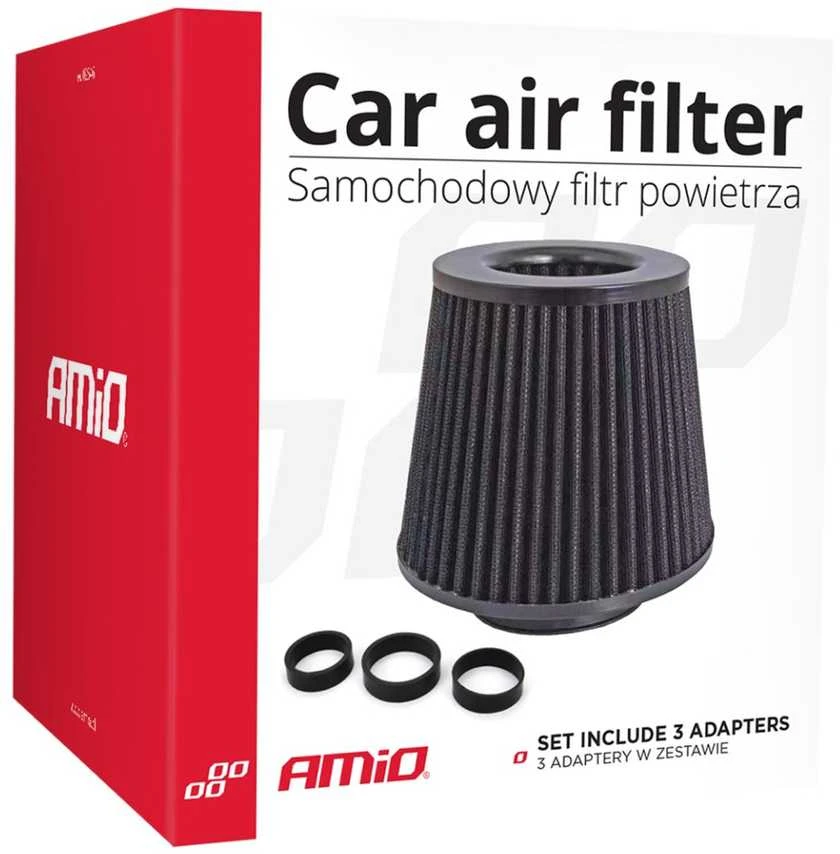 Kūginis oro filtras automobiliui, universalus, juodas, su 3 adapteriais, AMIO-02546