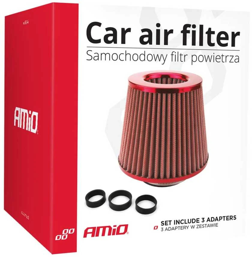 Kūginis oro filtras automobiliui, universalus, raudonas, su 3 adapteriais, AMIO-01042