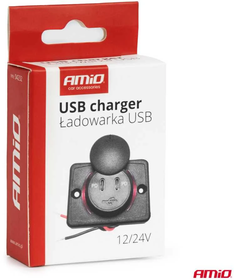 Kvadratinis atsparus vandeniui telefono įkroviklis su raudonu LED apšvietimu, 2x USB-C, 12/24V – AMIO-04232