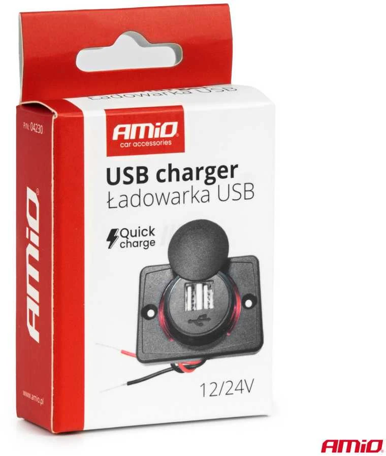 Kvadratinis atsparus vandeniui telefono įkroviklis su raudonu LED apšvietimu, 2xUSB 12/24V AMIO-04230