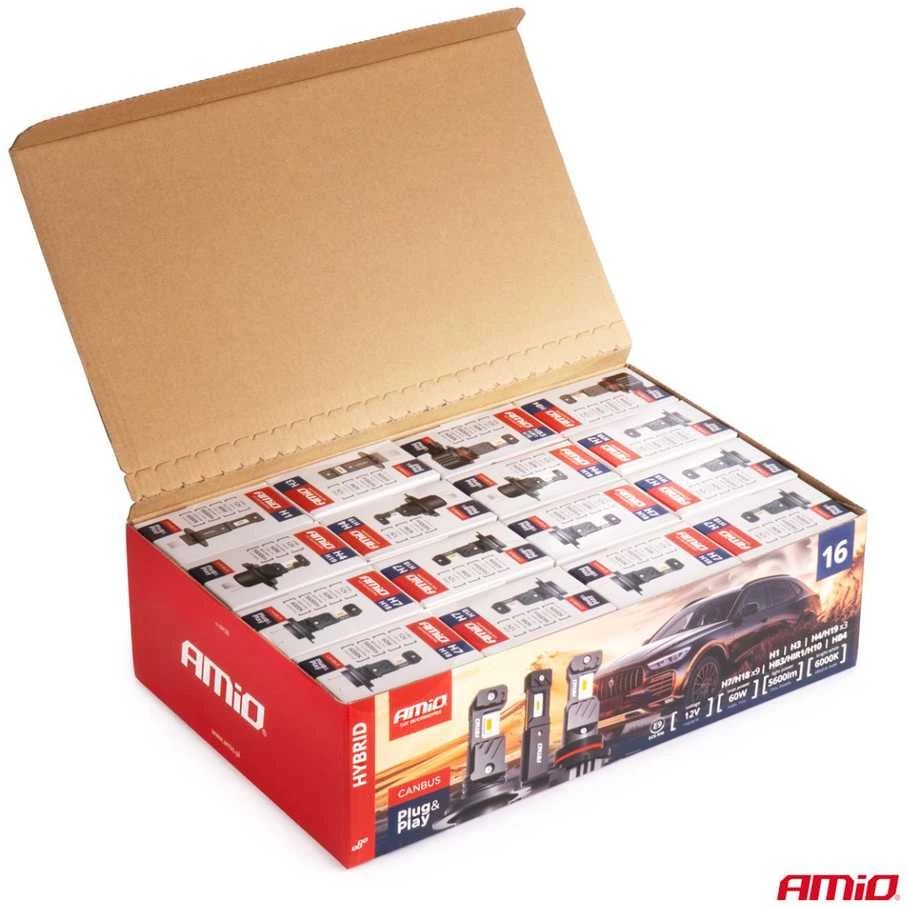 LED žibintų lempučių rinkinys 16 vnt., Hybrid series H1 H3 H4 H7 HB3 HB4 6000K Canbus, AMIO-04120