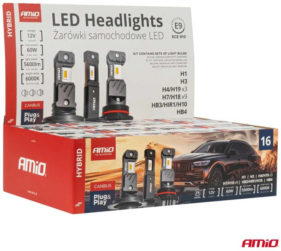 AMIO Hybrid LED lempučių pakuotė su techniniais duomenimis