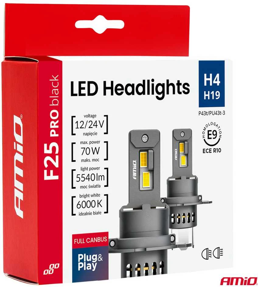 LED žibintų lemputės F25 PRO Juodas FULL CANBUS H4 H19 70W 12V 24V AMIO-04719