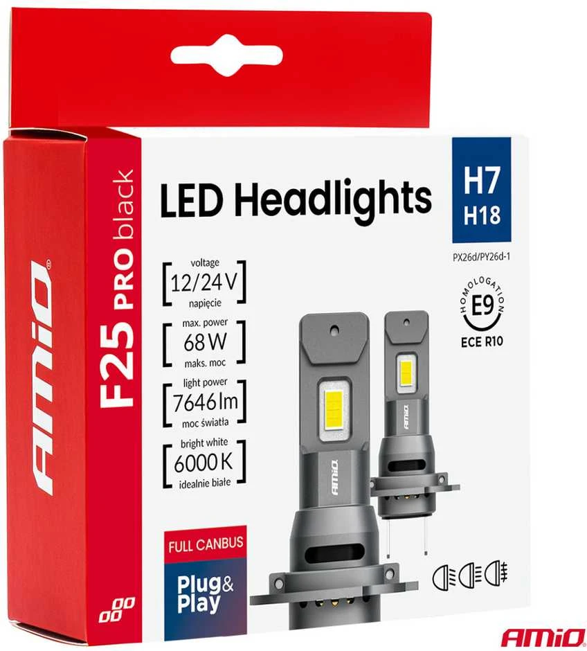 LED automobilių lemputės F25 Pro serijos juodos, „Full Canbus H7“ 68 W, 12 V, 24 V, amio-04720