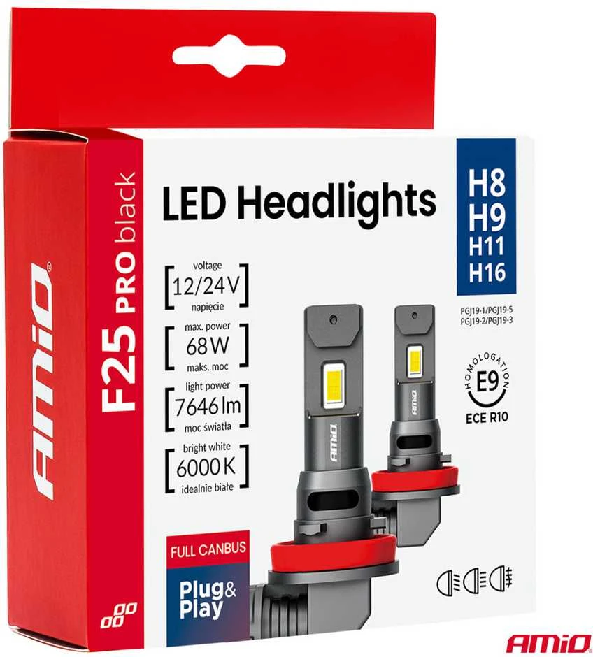 LED žibintų lemputės F25 PRO Juodas FULL CANBUS H8 H9 H11 H16 68W 12V 24V AMIO-04721