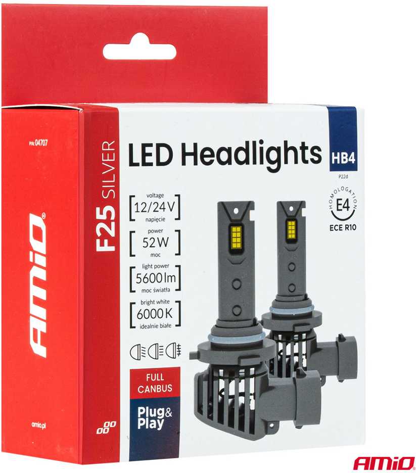 LED žibintų lemputės F25 Sidabrinis FULL CANBUS HB4 9006 52W 12V 24V AMIO-04707