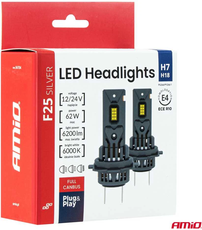 LED žibintų lemputės F25 Sidabrinis FULL CANBUS H7/H18 62W 12V 24V AMIO-04704