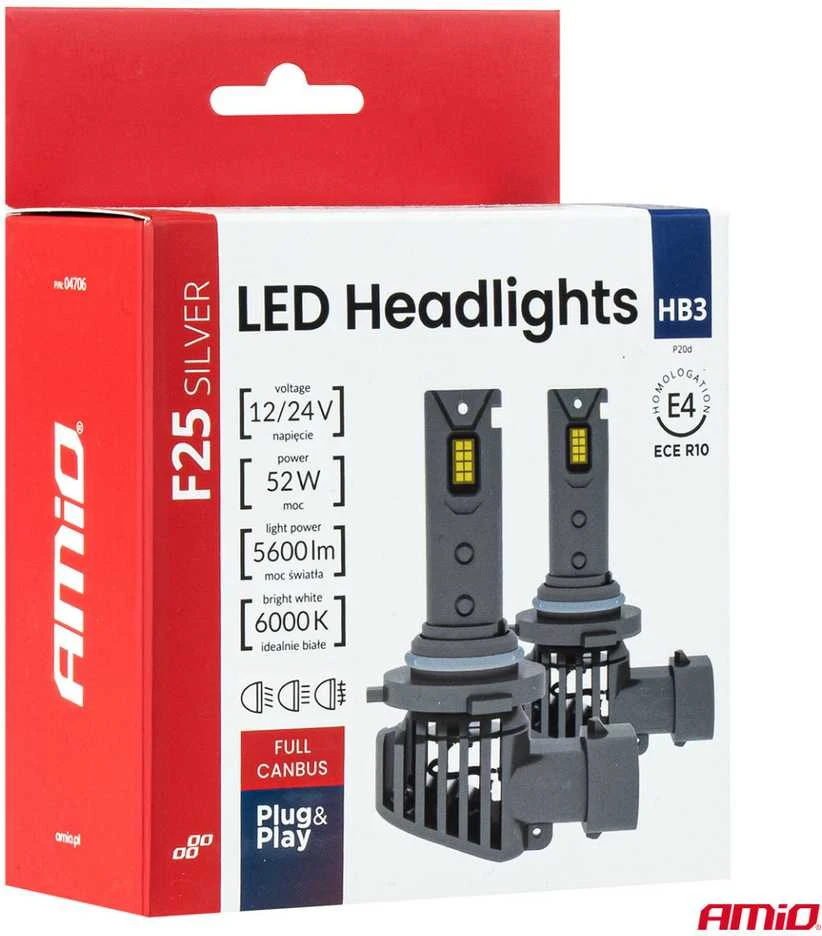 LED žibintų lemputės F25 Sidabrinis FULL CANBUS HB3 9005 52W 12V 24V AMIO-04706