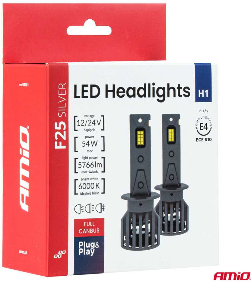 LED žibintų lemputės F25 Sidabrinis FULL CANBUS H1 54W 12V 24V AMIO-04701