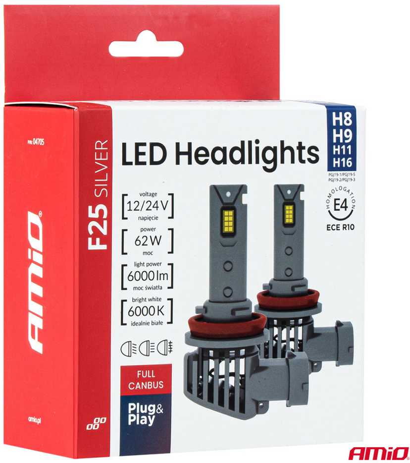 LED žibintų lemputės F25 Sidabrinis FULL CANBUS H8/H9/H11/H16 62W 12V 24V AMIO-04705