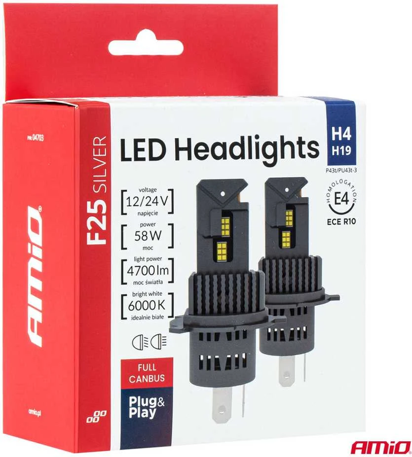 LED žibintų lemputės F25 Sidabrinis FULL CANBUS H4/H19 54/58W 12V 24V AMIO-04703
