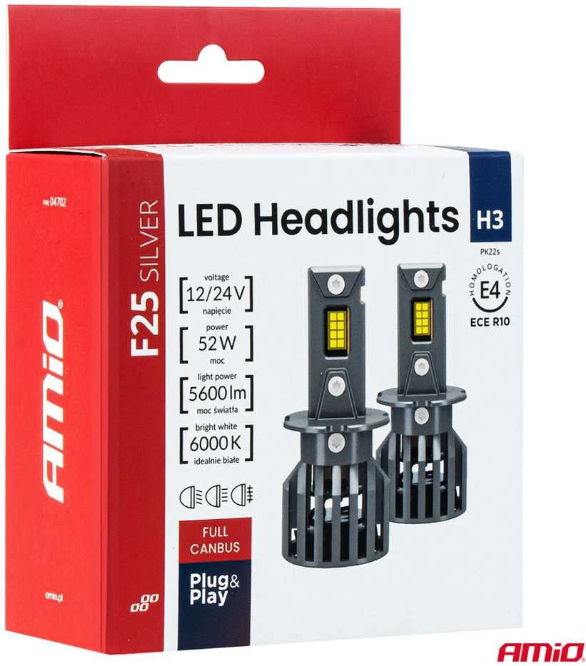 LED žibintų lemputės F25 Sidabrinis FULL CANBUS H3 52W 12V 24V AMIO-04702