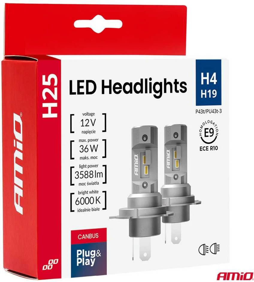 LED žibintų lemputės H25 CANBUS H4 H19 12V 36W, AMIO-04711
