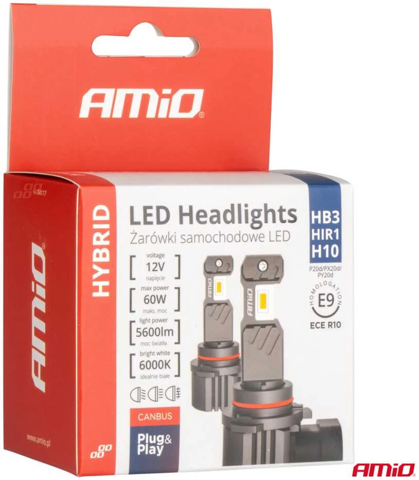 LED automobilių lemputės HYBRID serijos HB3 HIR1 H10 6000K Canbus 60W AMIO-04117, 2 vnt.