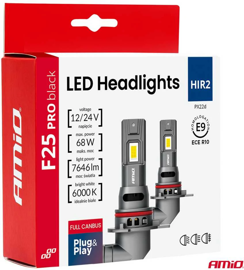 LED žibintų lemputės Series F25 PRO Juodas FULL CANBUS HIR2 68W 12V 24V, AMIO-04724