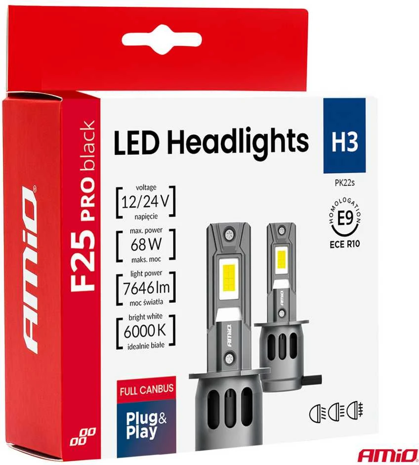 LED žibintų lemputės Series F25 PRO Juodas FULL CANBUS H3 68W 12V 24V, AMIO-04718