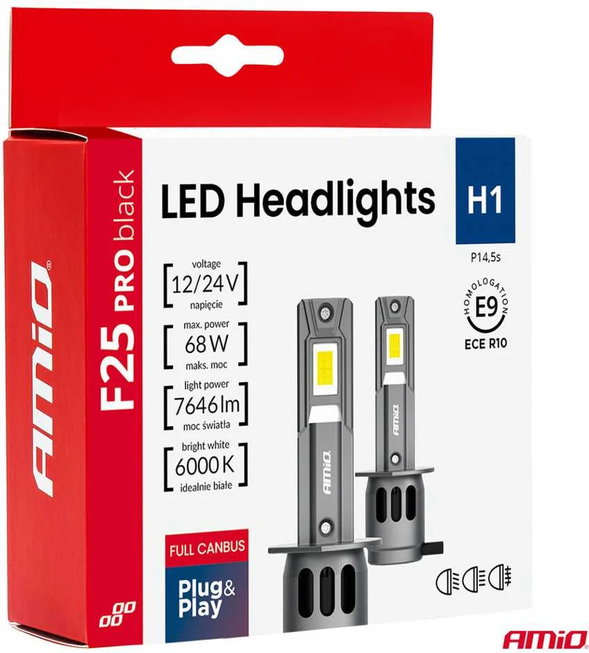 LED žibintų lemputės Series F25 PRO Juodas FULL CANBUS H1 68W 12V 24V AMIO-04717