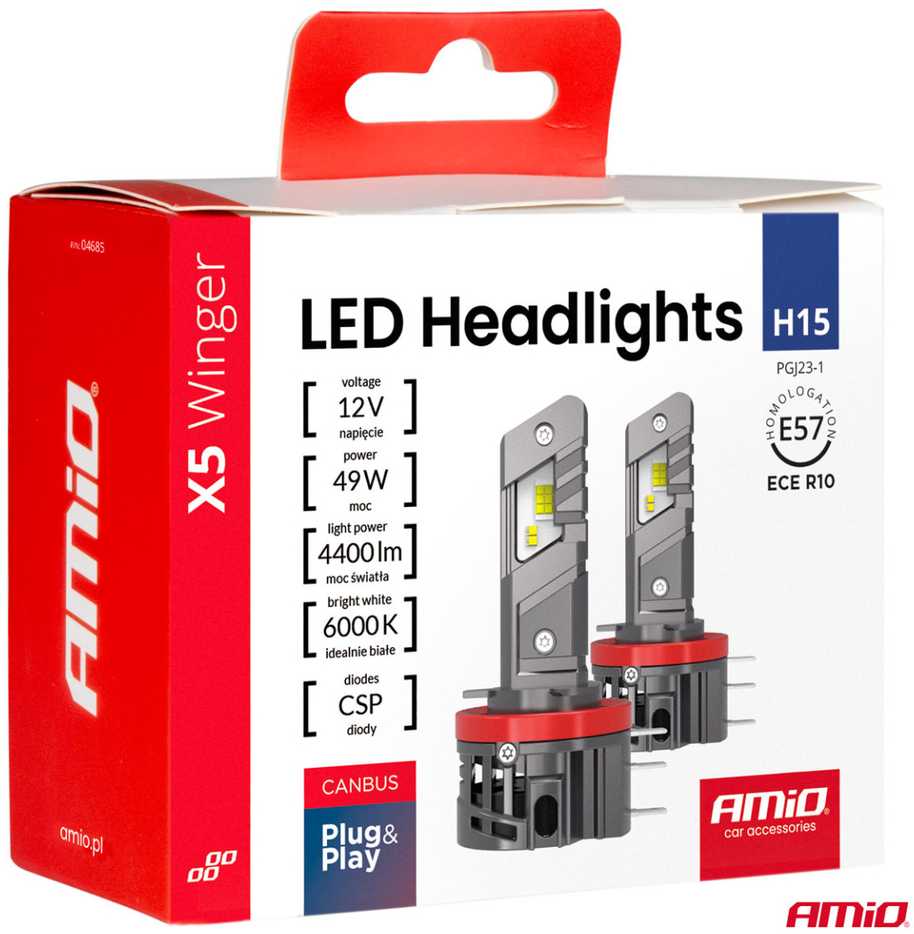 LED žibintų lemputės X5-series WINGER H15 49W 6000K CANBUS, AMIO-04685