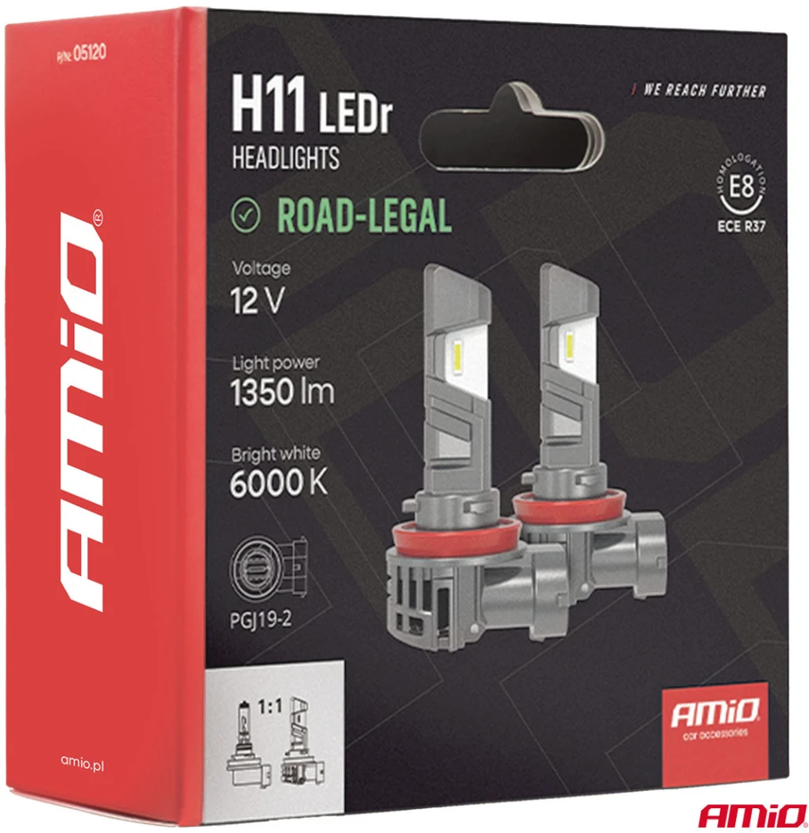Żarówki samochodowe ledr su homologacją drogową r37 e-mark h11 pnp fan 18w amio-05120