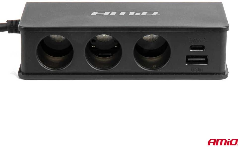 Lizdo skirstytuvas 12/24V su 3x USB-A, USB-C, QC3.0, PD3.0 148W AMIO-04836