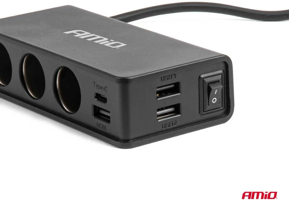 Lizdo skirstytuvas 12/24V su 3x USB-A, USB-C, QC3.0, PD3.0 148W AMIO-04836