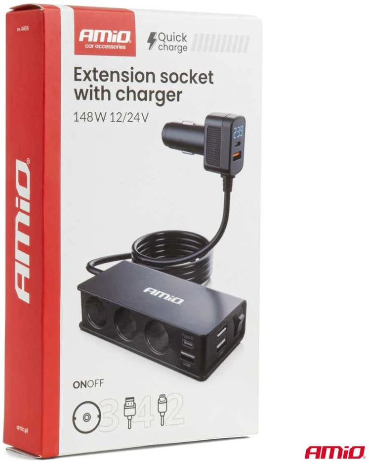 Lizdo skirstytuvas 12/24V su 3x USB-A, USB-C, QC3.0, PD3.0 148W AMIO-04836