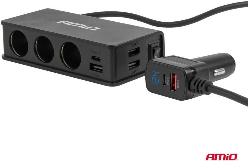 Lizdo skirstytuvas 12/24V su 3x USB-A, USB-C, QC3.0, PD3.0 148W AMIO-04836