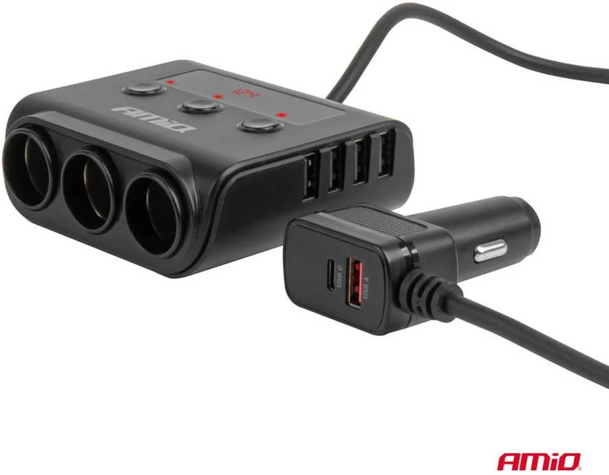 Lizdo skirstytuvas 12/24V su 4x USB-A QC3.0 PD3.0 180W AMIO-04835
