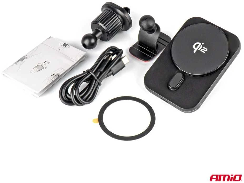 Magnetinis belaidis automobilinis įkroviklis Qi2 15W – prie ventiliacijos/prietaisų skydelio AMIO-04179